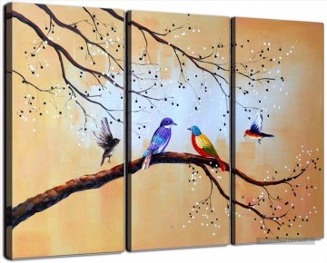 oiseaux en fleur de prune blanche dans les panneaux de Set Peinture à l'huile